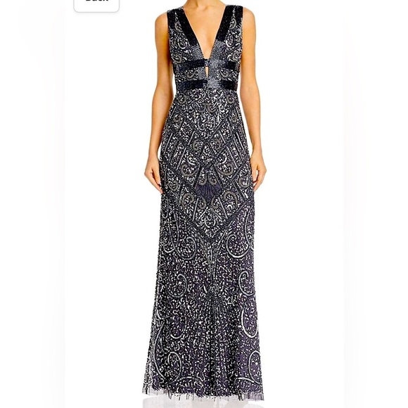 Women’s Formal Dress Sz 10 Silver Gray AIDAN BY AIDAN MATTOX Heavily Beaded Gown - Picture 1 of 14